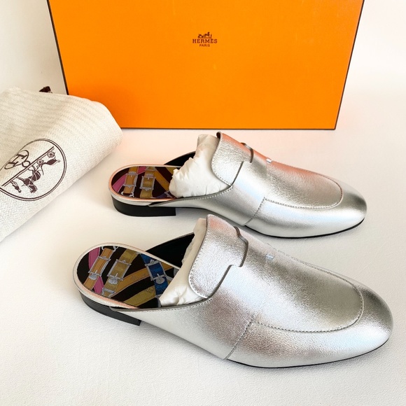 HERMES H CATENA SILVER LEATHER MULES FLIP FLOPS SHOES FLAT SLIDES 35.5 - Picture 6 of 16